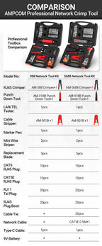 AMPCOM RJ45 Crimper Lan Tester Tool Set Ethernet Cable Stripper Punch Down Tool RJ 45 RJ11 Connectors 12 in 1 Cabling Repair Set