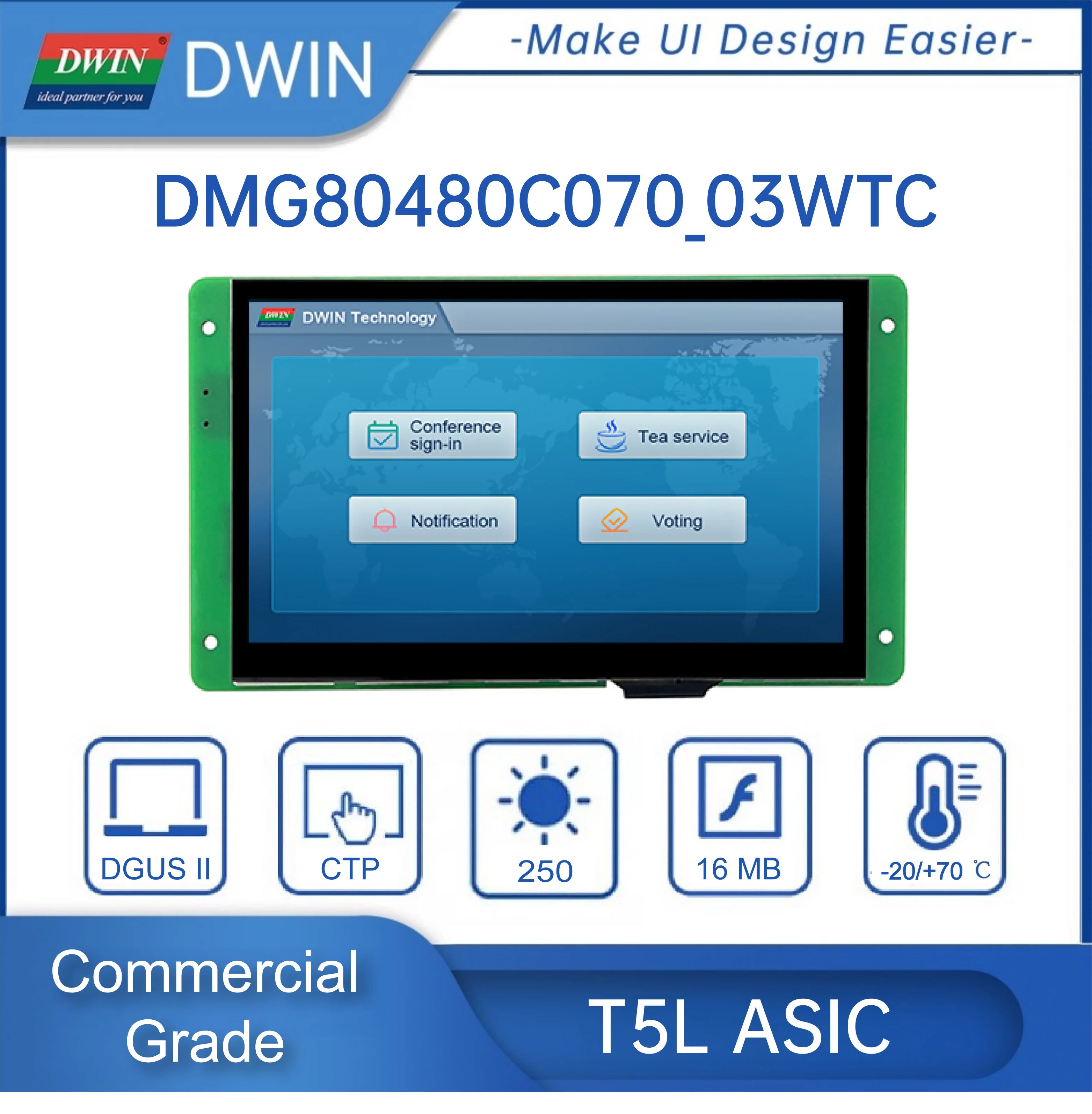 DWIN 7 Inch 800*480 HMI Intelligent TN TFT LCD Display Module UART Commercial Grade Capacitive Touch Screen DMG80480C070_03W