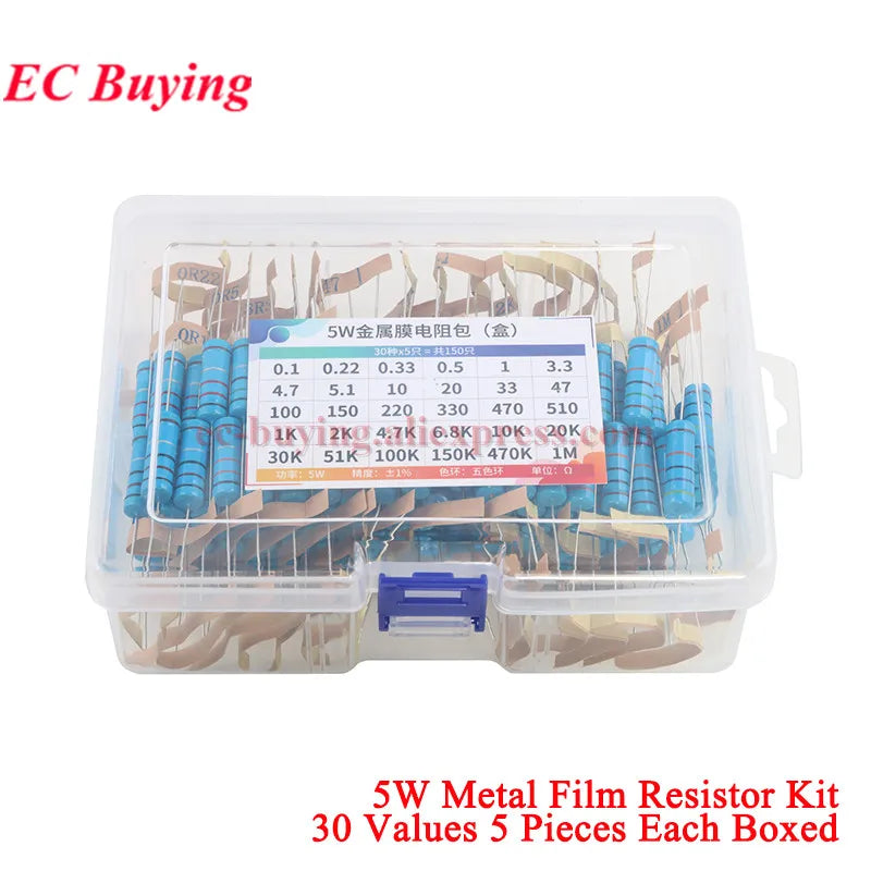 2600Pcs/150pcs 1/4W 1/2W 1W 2W 3W 5W Metal Film Resistor Assortment Kit 1% 0.25W 0.5W Resistance Set Electronic Components Kits