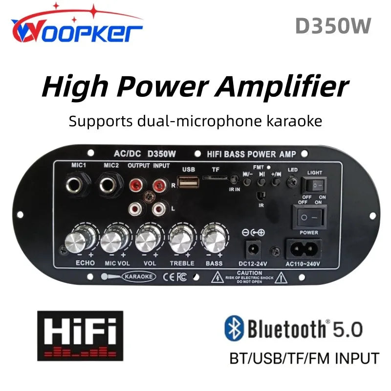 Woopker D350W HIFI Bass Power Amplifier 100W Bluetooth/USB/TF/FM Amplifier board Dual Mic AD/DC Digital Amplifier Board for home