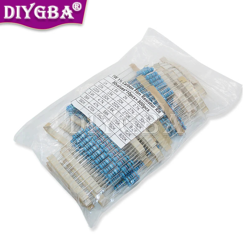 150PCS/Set 30 Kinds 1/4W 1/2W 1W 2W 3W Resistance 1% Metal Film Resistor Pack Assorted Kit 0.1R-750R 1K-820K Resistor 300PCS/Set