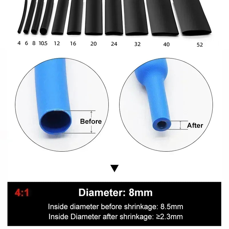 4:1 Double Wall Adhesive Heat Shrink Tubing Black Polyolefin Glue Lined Tube Waterproof Wire Cable Protective Sleeve Dia 4-52mm