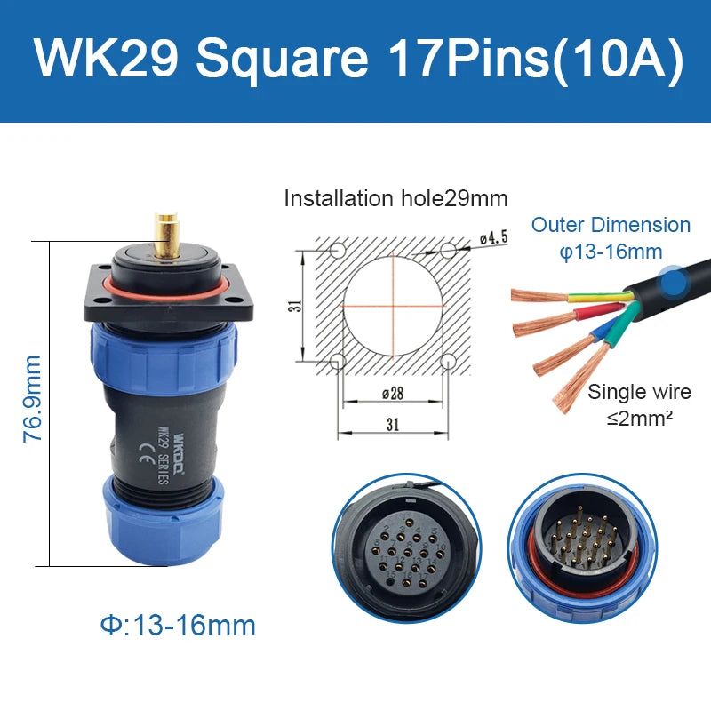 SP29 Square Waterproof Connector Soldering Electric IP68 WK29 Aviation Male Plug Square Back Nut Socket Threaded Cable Connector