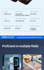 ZHICAN ZC3E Long Range Photoelectric Sensor 2m Diffuse Reflective Switch NPN NO 24V DC Object Detection