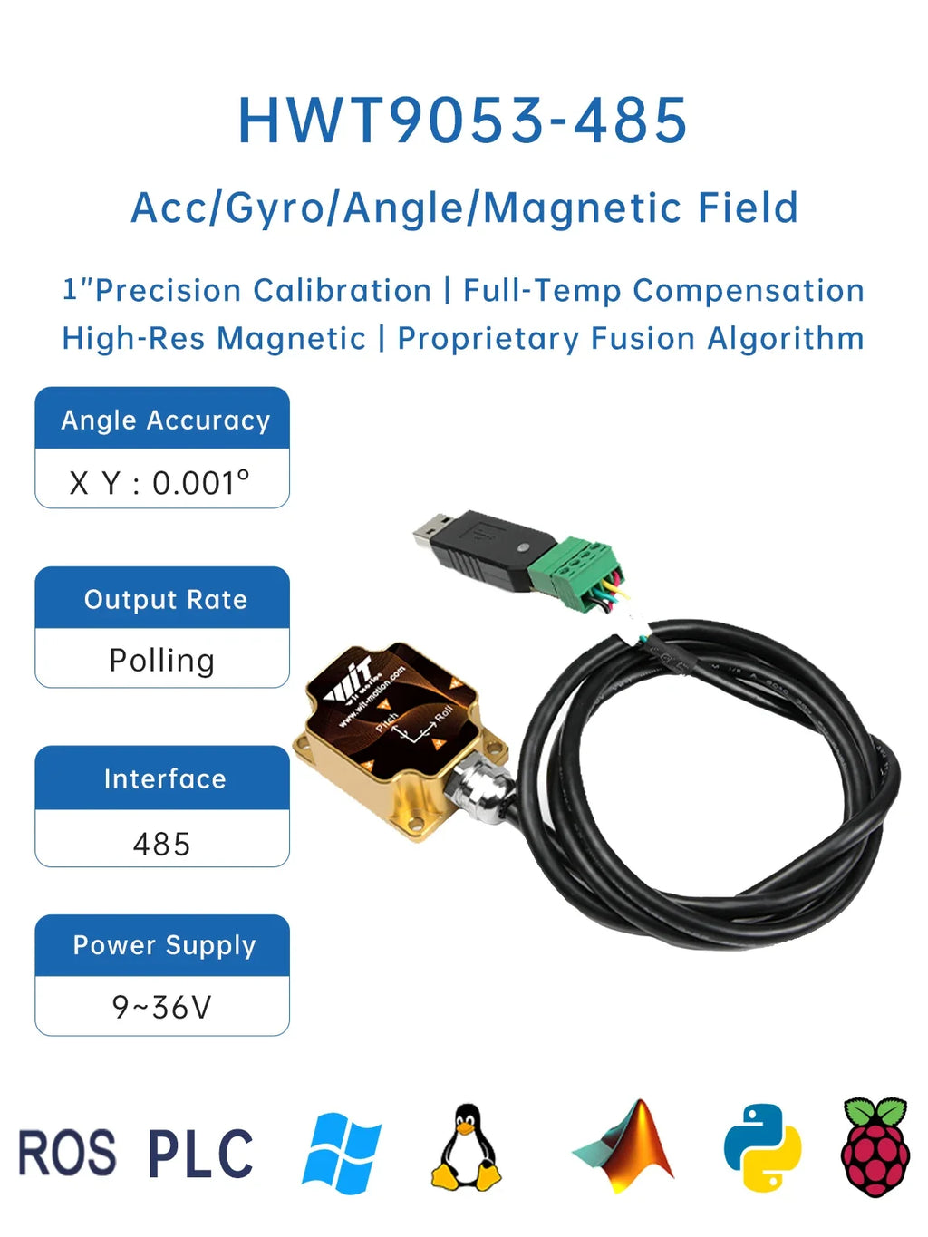 WitMotion HWT9053(X/Y±0.001°)3-Axis Acceleration+Gyro+Euler Sensor IP68 AHRS IMU Built in RM3100 Magnetometer Chip for UAV Robot