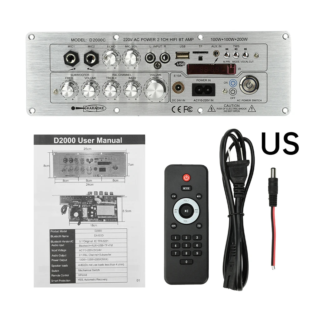 D2000 Bluetooth Amplifier Board 2.1-Channel TPA3221 Power Amplifier 100W+100W+200W with AUX FM USB TF Card TWS DC 24V/AC110-220V