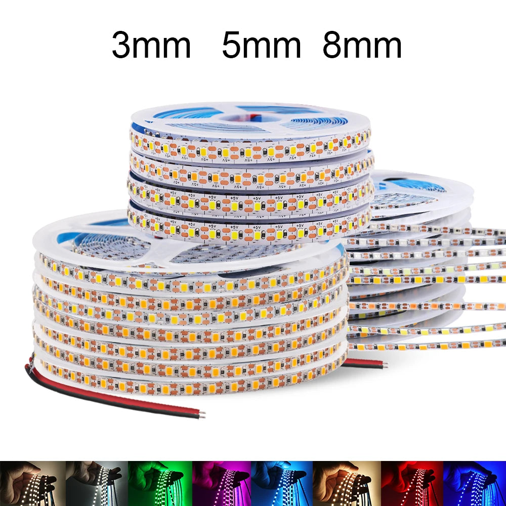 5V 2835 LED Strip Light 3mm 5mm 8mm PCB Width 120Leds/m Flexible LED Tape Ribbon Diode USB/2PIN Wire Led Lights for Room Decor
