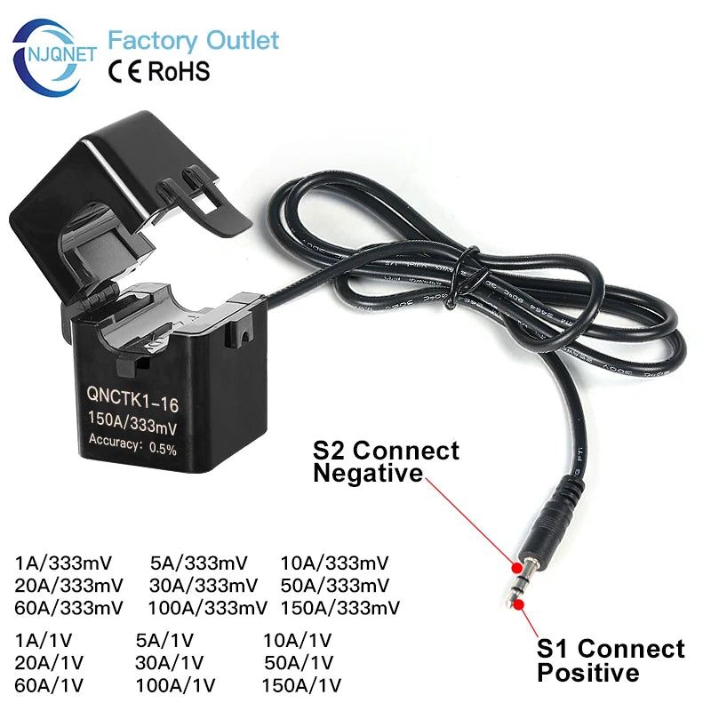 Split Core CT Current Transformer Factory QNCTK1-16 100A 333mV 60A 50A 1V 30A 20A 5A 1A 0.333V 100A/50mA Clamp ct Current Sensor