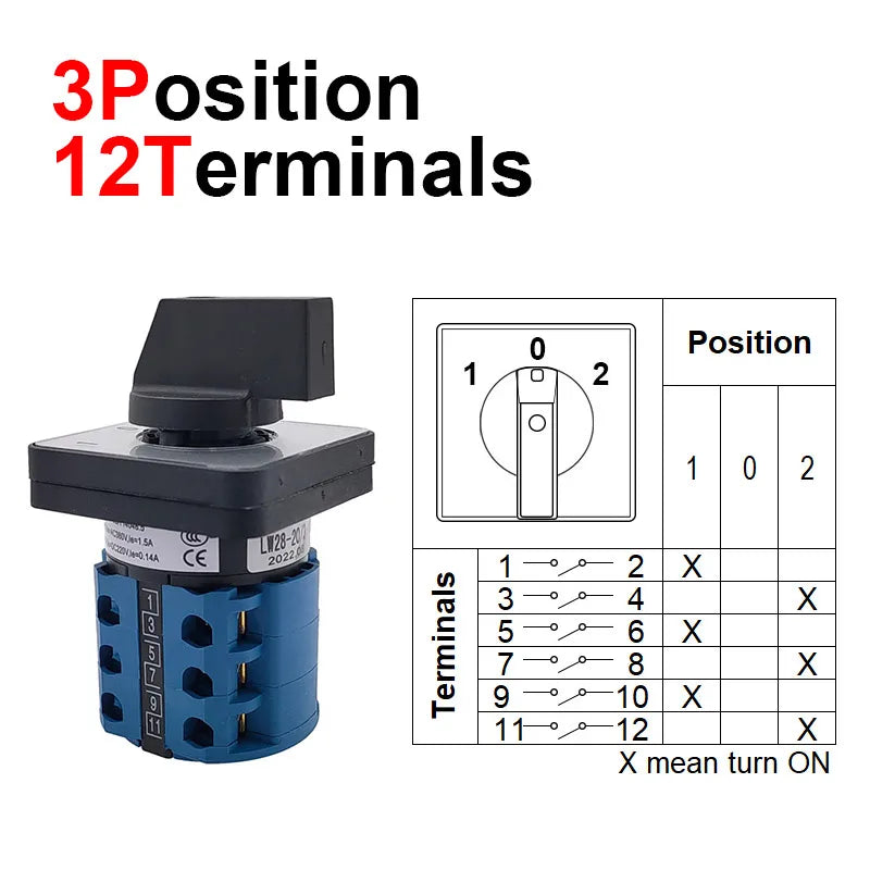 Electric 3/4 Position 12Terminals Rotary Cam Changeover Switch 500V 20A LW28-20