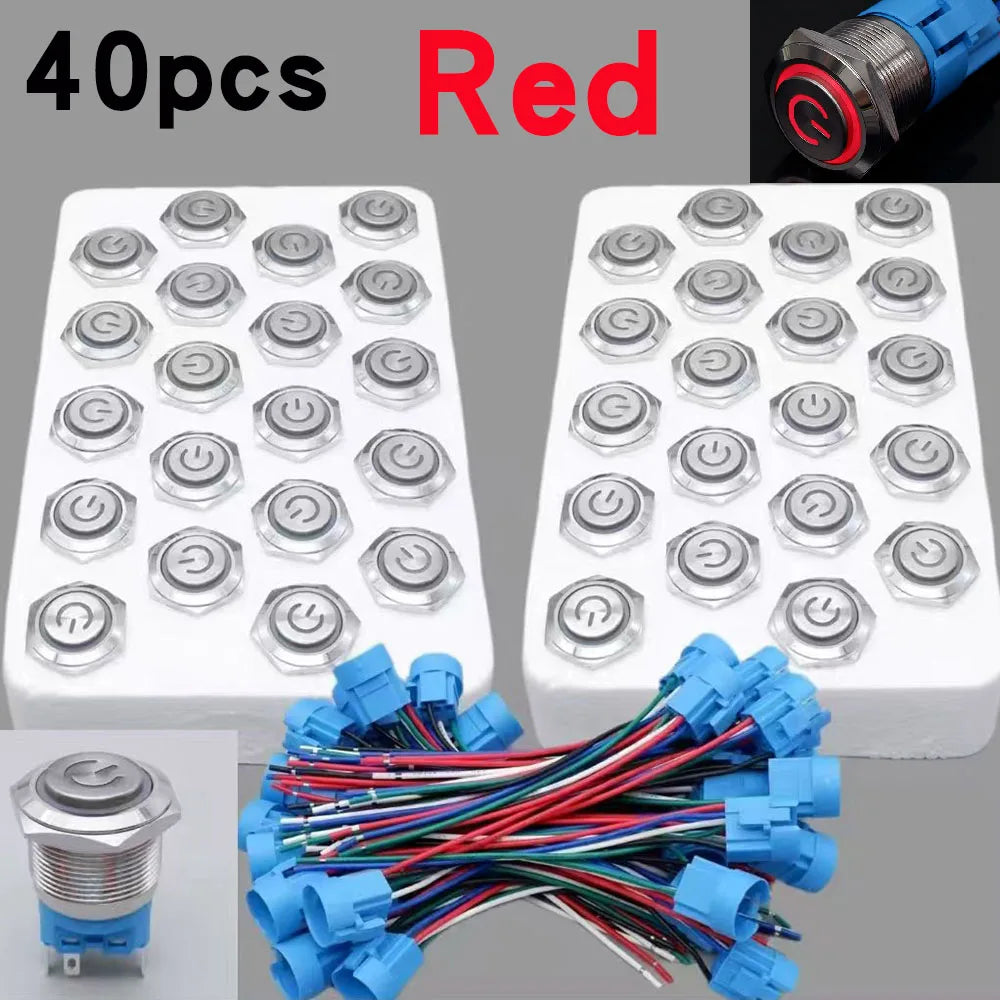 40pcs 22mm Push Button Switch Latching Momentary Metal PC Power LED Light On Off with Wire Waterproof 12v 3v 5v 6v 24v 220v Red