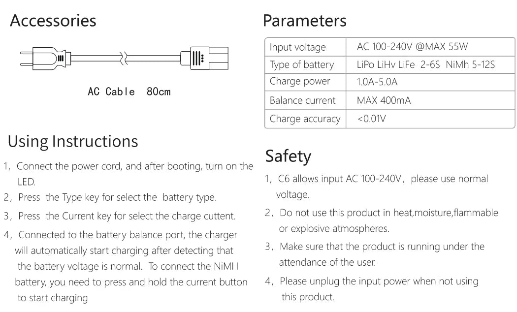 ToolkitRC C6 AC Balance Charger EU Plug 50W Max 5A For 1-6S LiPo LiHV LiFe Battery 5-12S NiMH NiCD RC FPV Drone Model Charger
