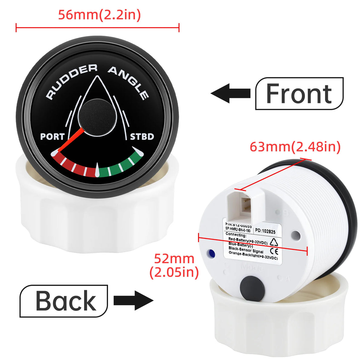 52mm 0-190ohm Waterproof Boat Marine Rudder Angle Indicator With Rudder Angle Sensor 7 color Backlight for Car Truck 12V/24V
