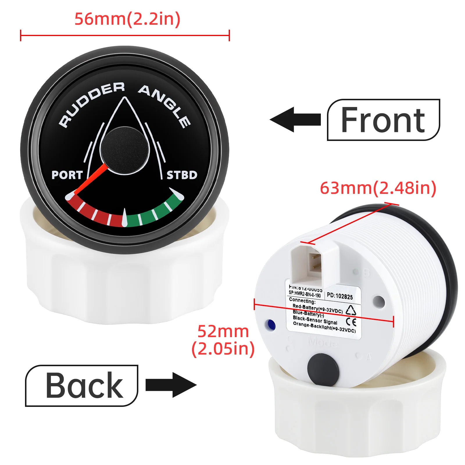 52mm 0-190ohm Waterproof Boat Marine Rudder Angle Indicator With Rudder Angle Sensor 7 color Backlight for Car Truck 12V/24V