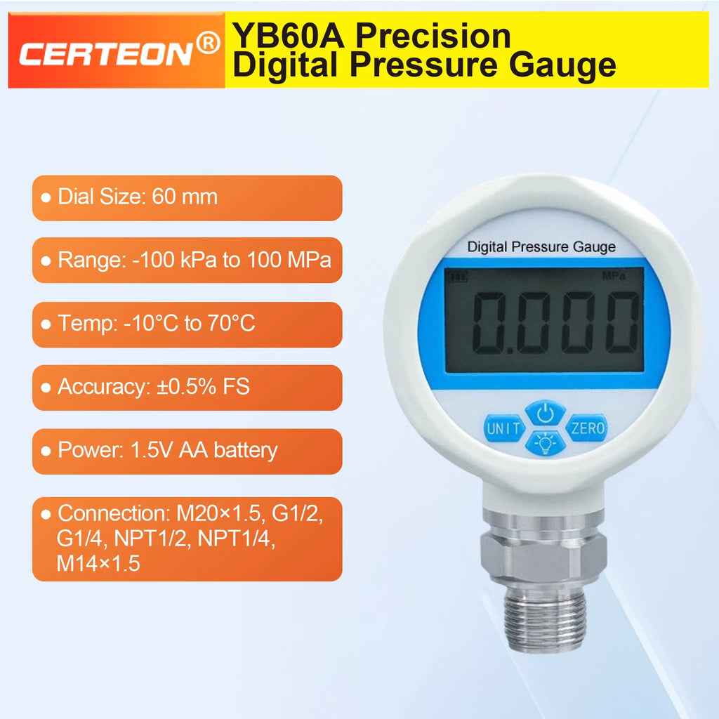 YB60A Precision Digital Pressure Gauge Battery Powered Vacuum Positive Negative Pressure Meter M20 Peak Memory -100kPa-100MPa