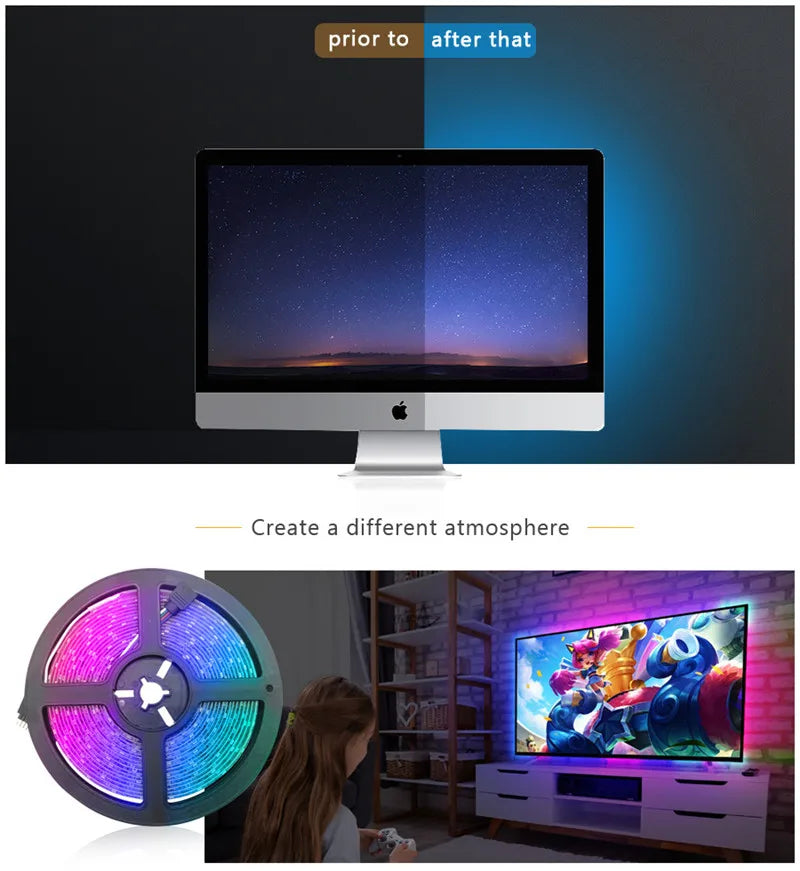 1m USB LED Strip Lights 60LEDs/m RGB Tape SMD 2835 With Remote Control Flexible Tape Diode Ribbon TV Backlight Room Decor
