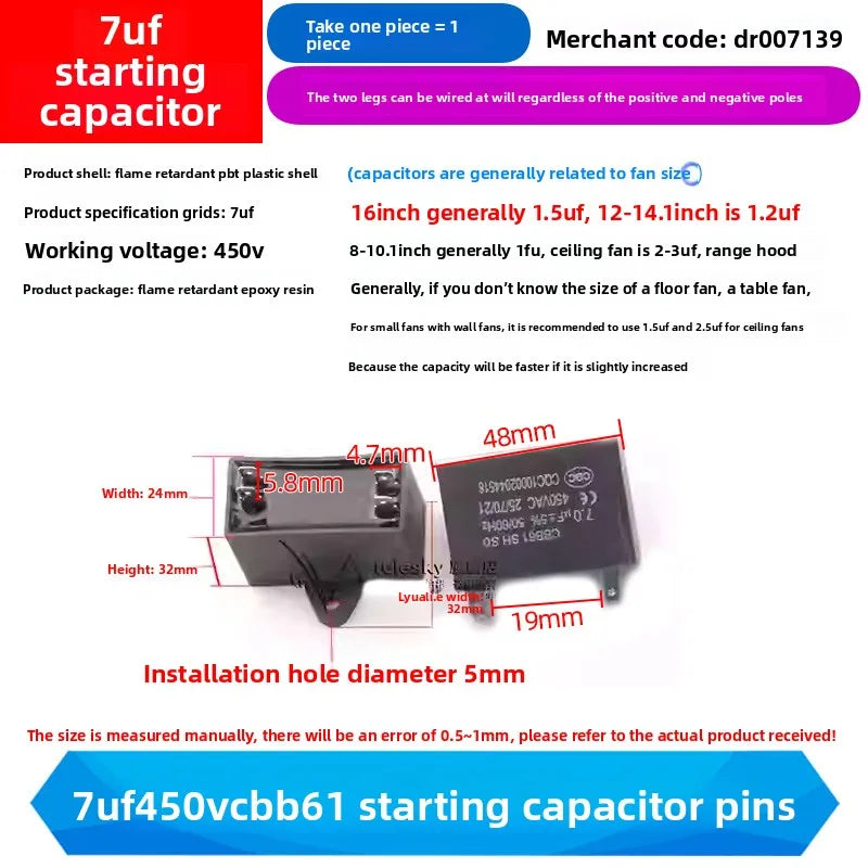 CBB61 Fan Air Conditioner Starting Capacitor 450V 1/1.2/1.5/2/2.5/3/3.5/4/4.5/5/6/7/8/10/12UF Ceiling Fan Hood Motor Capacitor