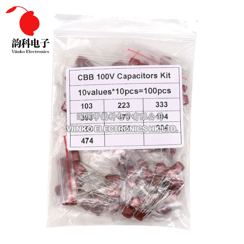 CBB Capacitor Assortment Kit 100V 10nF - 470nF 100PCS=10values*10pcs Metallized Polyester Film Capacitors KIT DIY