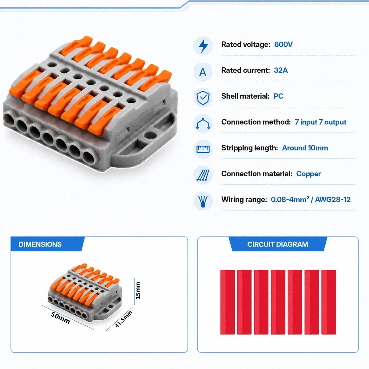 2P-30P Lever Electrical Wire Connector Terminal Block Electrical Cable Connectors Wire Terminals 1 In 1 Out Screw Mount 600V 32A