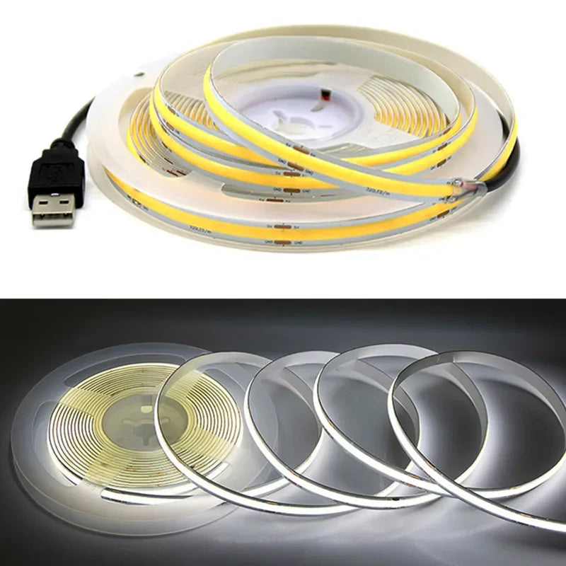 USB COB Lamp Strip DC5V 320LEDs/M White/Red/Pink/Ice Blue/Yellow Cabinet Light Lamp TV Backlight Flexible Ribbon Rope LED Strip
