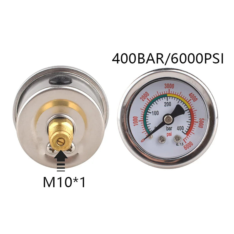 HPA M10*1 400BAR 6000PSI Air Pressure Gauge Stainless Steel Case Brass Thread Gas Manometer For Compressed Soda CO2 Air/Nitrogen