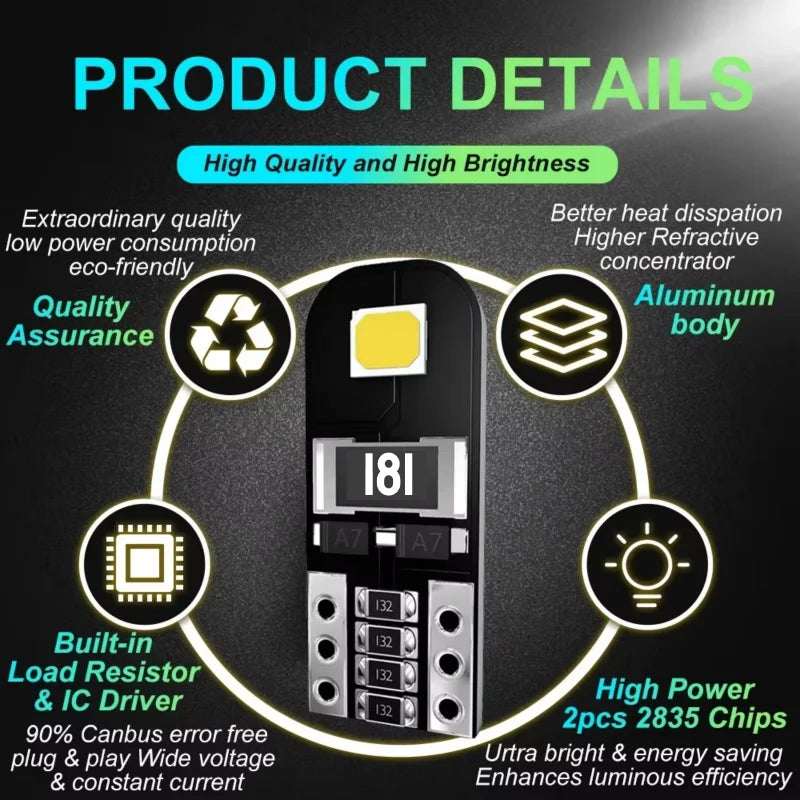 10/20x Car LED Bulb T10 W5W LED Signal Light Canbus 12V 6000K Auto Claerance Wedge Side Reverse Lamps 2835 2SMD White No Error