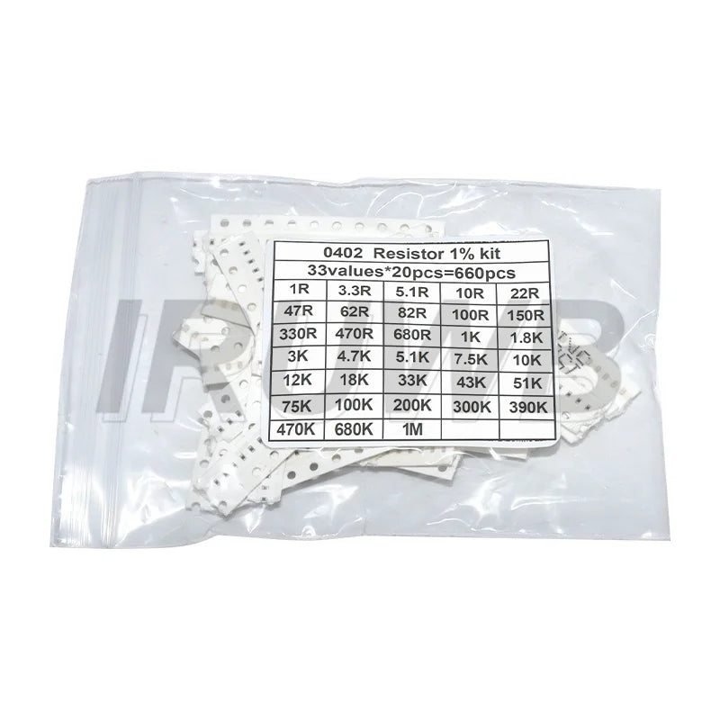 660pcs 1% SMD Chip Resistor Assorted Kit 0603 0805 1206 0402 0201 1R - 1M ohm 33valuesX20pcs Resistance Sample Set