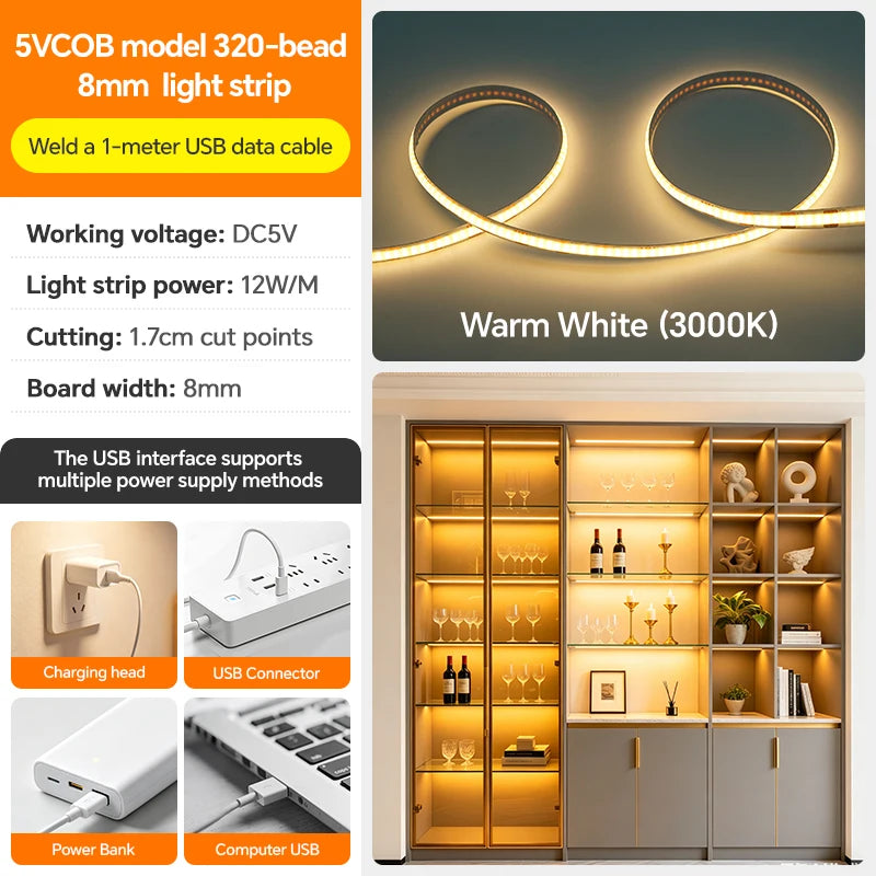 DC5V USB COB LED Strip Light 320LED/m High Density Flexible Self‑Adhesive LED Tape 3000K‑6500K For Cabinet TV Backdrop Decor