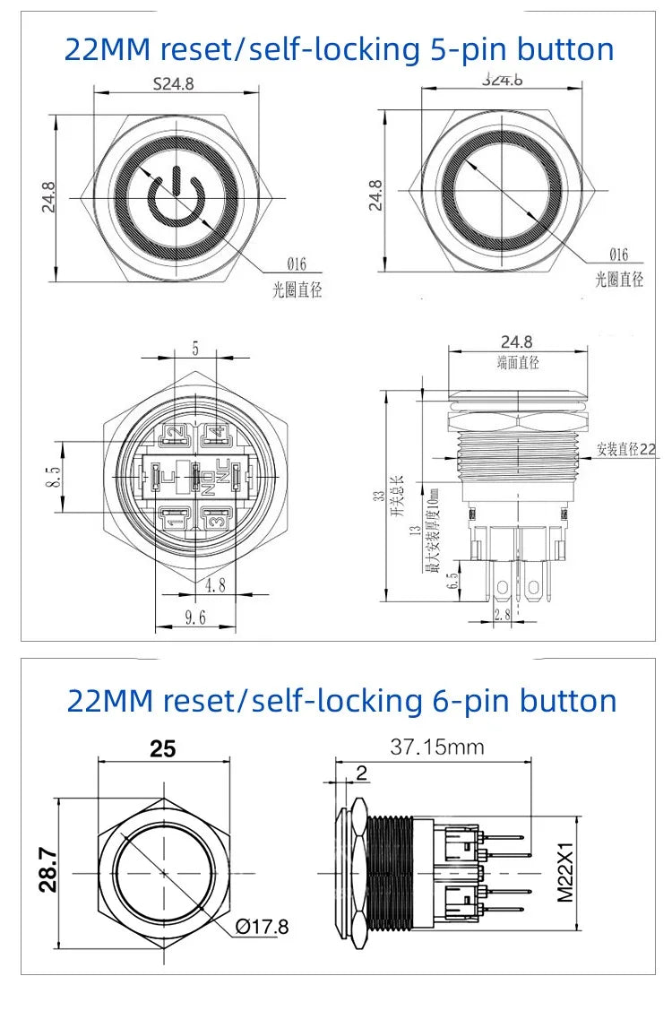 12/16/19/22MM Waterproof Metal Push Button Switch LED Light Momentary Latching Car Engine Power Switch  5V 12V 24V 220V Red Blue