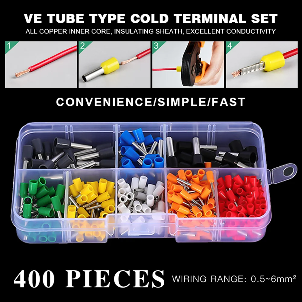 400 pcs Crimping Terminal Kit, Tubular Terminal Blocks, Various Types, Electrical Tube Terminal Blocks, Insulated Wire Terminal