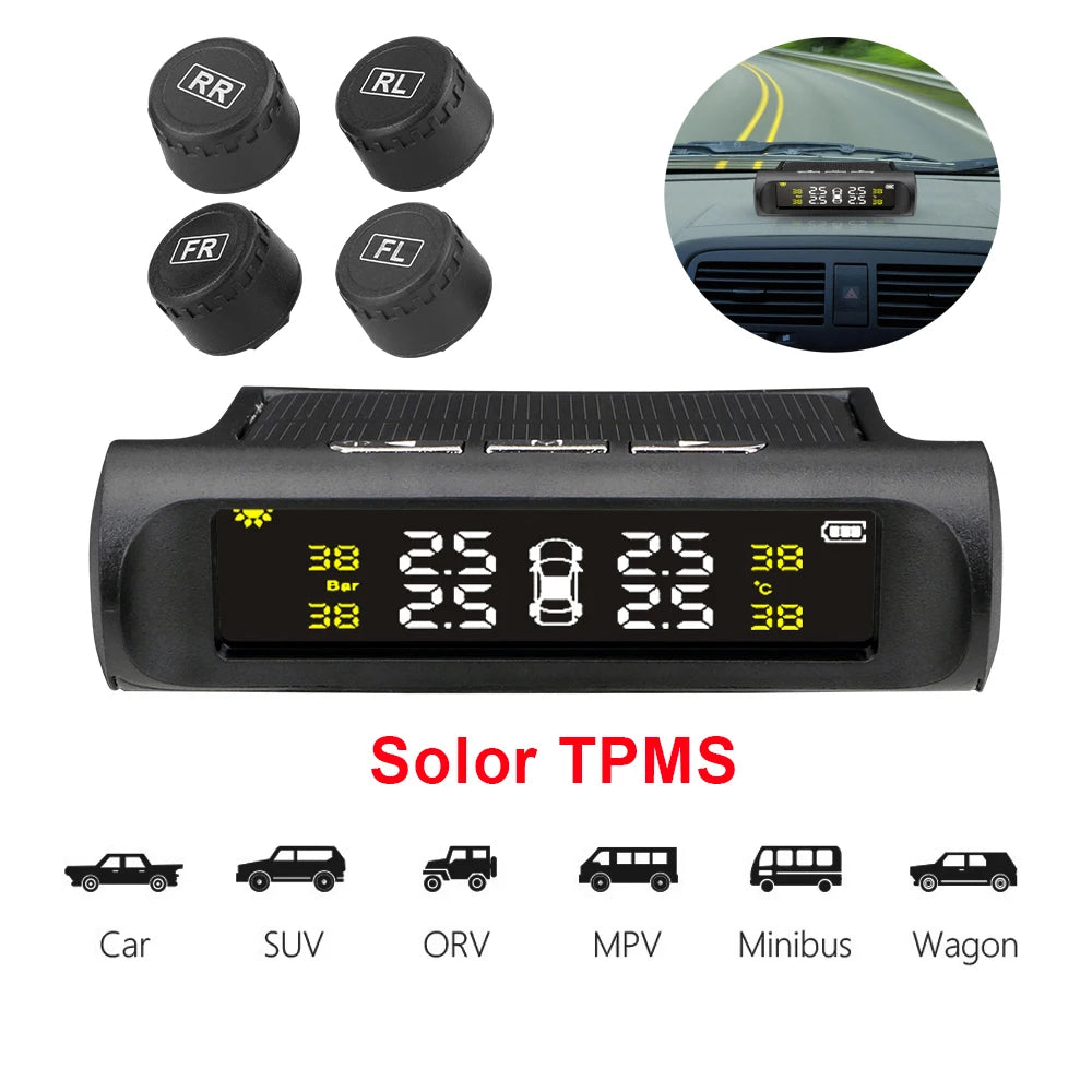 Temperature Warning Fuel Save Tire Pressure Monitoring System Solar TPMS With 4 External Sensors Car Tyre Pressure Monitor