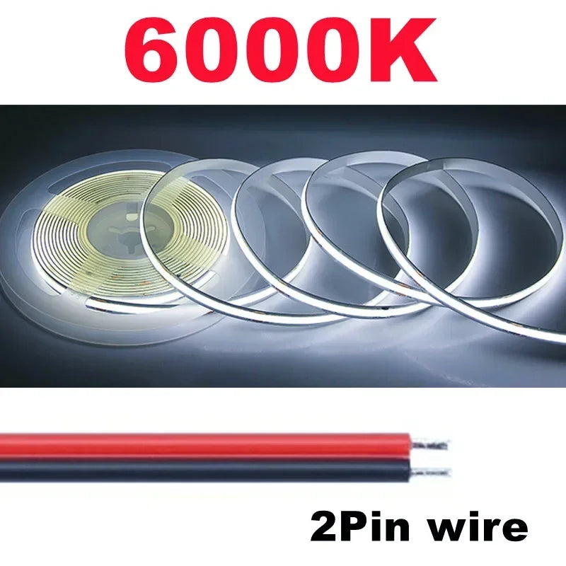 5M 10M Per Roll COB LED Strip DC12V 24V 8mm LED Lights for Room Bedroom TV Decor High Density Soft Flexible Neon Tape Light Lamp