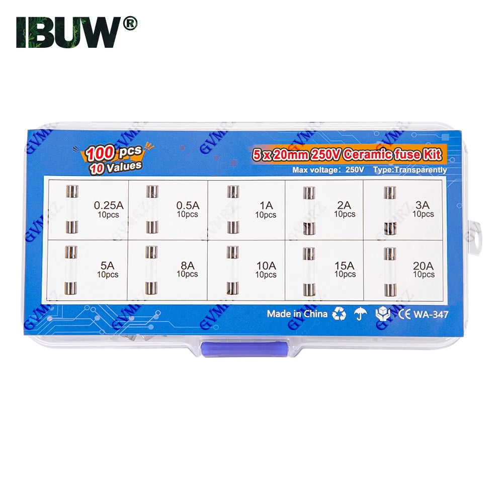100pcs 5x20mm Quick Blow Glass Tube Fuse Assorted Kit Amp 0.25A 0.5A 1A 2A 3A 5A 8A 10A 15A 20A 250V with Storage Box