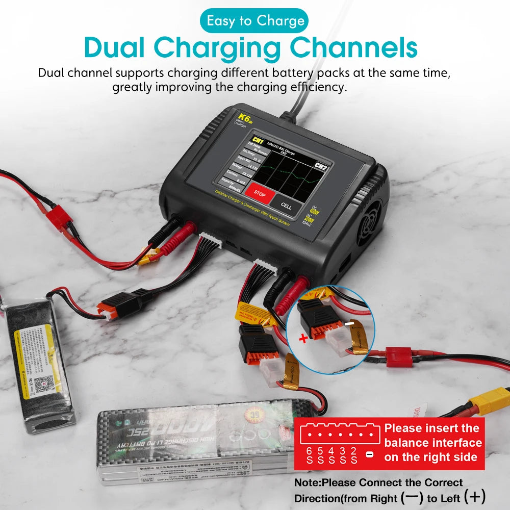 HTRC K6+ Lipo Battery Charger DC 400W AC 200W 12Ax2 RC Charger Balance Discharger For LiHV LiFe Li-lon NiCd NiMh Pb LiPo Batteri
