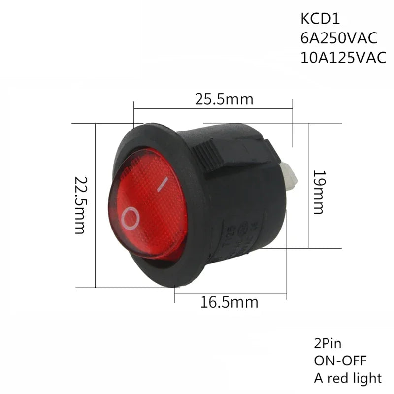 1PCS ON/OFF Round Rocker Switch LED illuminated Car 12V 24V / 6A 250V / 10A 125V 2/3/4PIN Switch 20MM