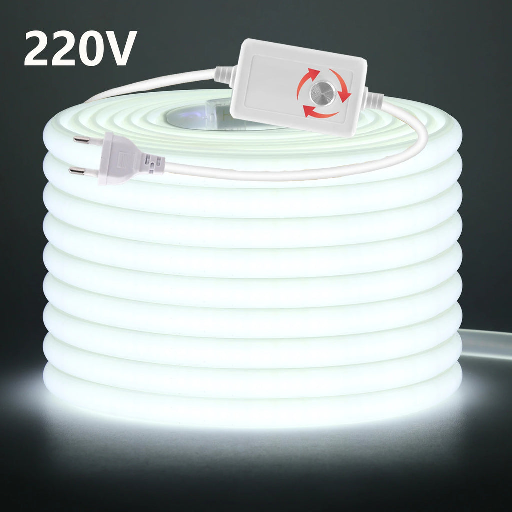 220V Dimmable COB LED Neon Strip Light With Switch/Dimmer EU Power Kit 288Led/M Waterproof 3000K 4000K 6000K Flexible Lamp Decor