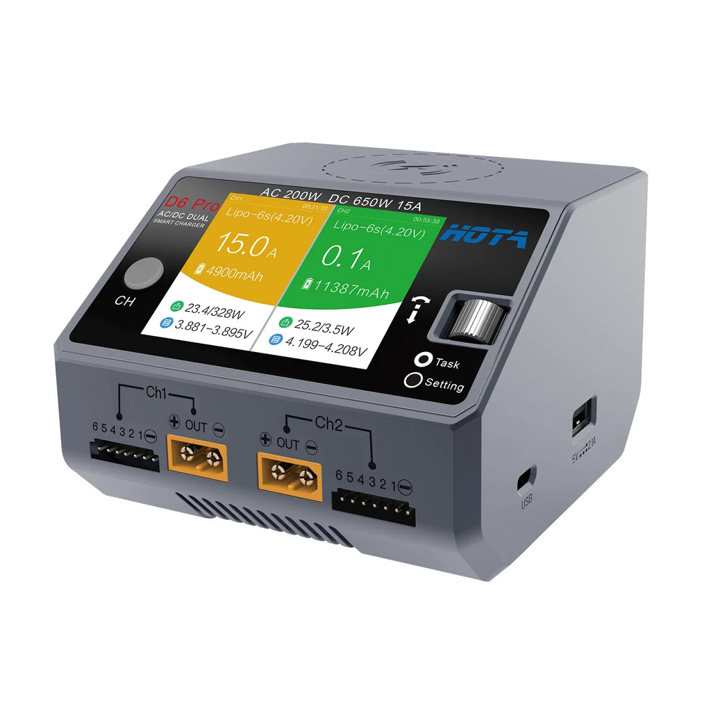 HOTA D6 Pro AC/DC Dual Channel Smart Balance Charger AC200W DC650W 15A for LiPo LiHV NiMH NiCd RC Drone