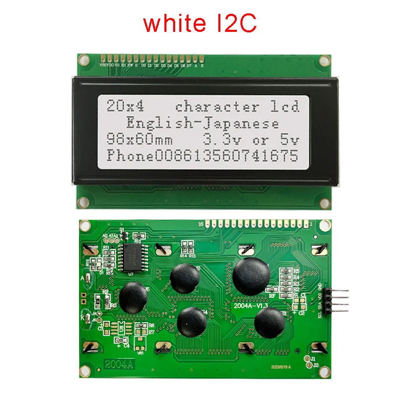 2004A 20x4 IIC I2C LCD Display Blue White Green Screen RGB Backlgiht Black Character 3.3V or 5V 98X60mm