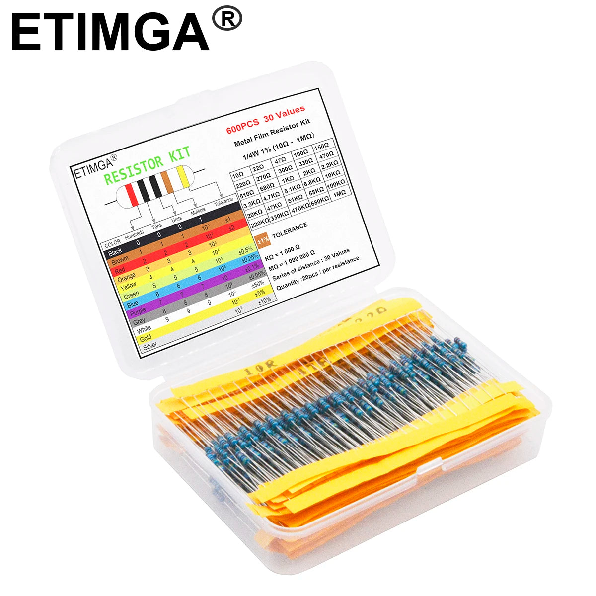 600/300PCS 1/4w Metal Film Resistor 30 Values Resistance Kit 10R-1M 150R 680K 0.25W 1% Resistors Set