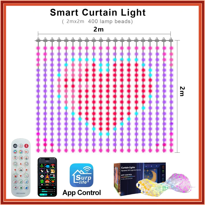Smart Curtain Lights 256/400 LEDs Color Changing Dynamic DIY RGB IC String Lights with Remote & App Control for Bedroom Living Room Holiday Indoor Backdrop Decor