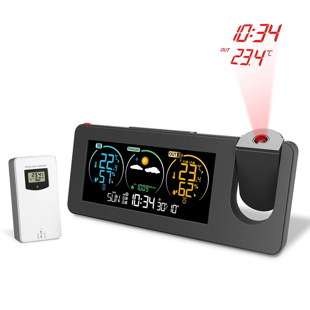 Digital Weather Projection Alarm Clock In/Outdoor Color Screen Temperature Humidity Meter Barometer Wireless Forecast Sensor