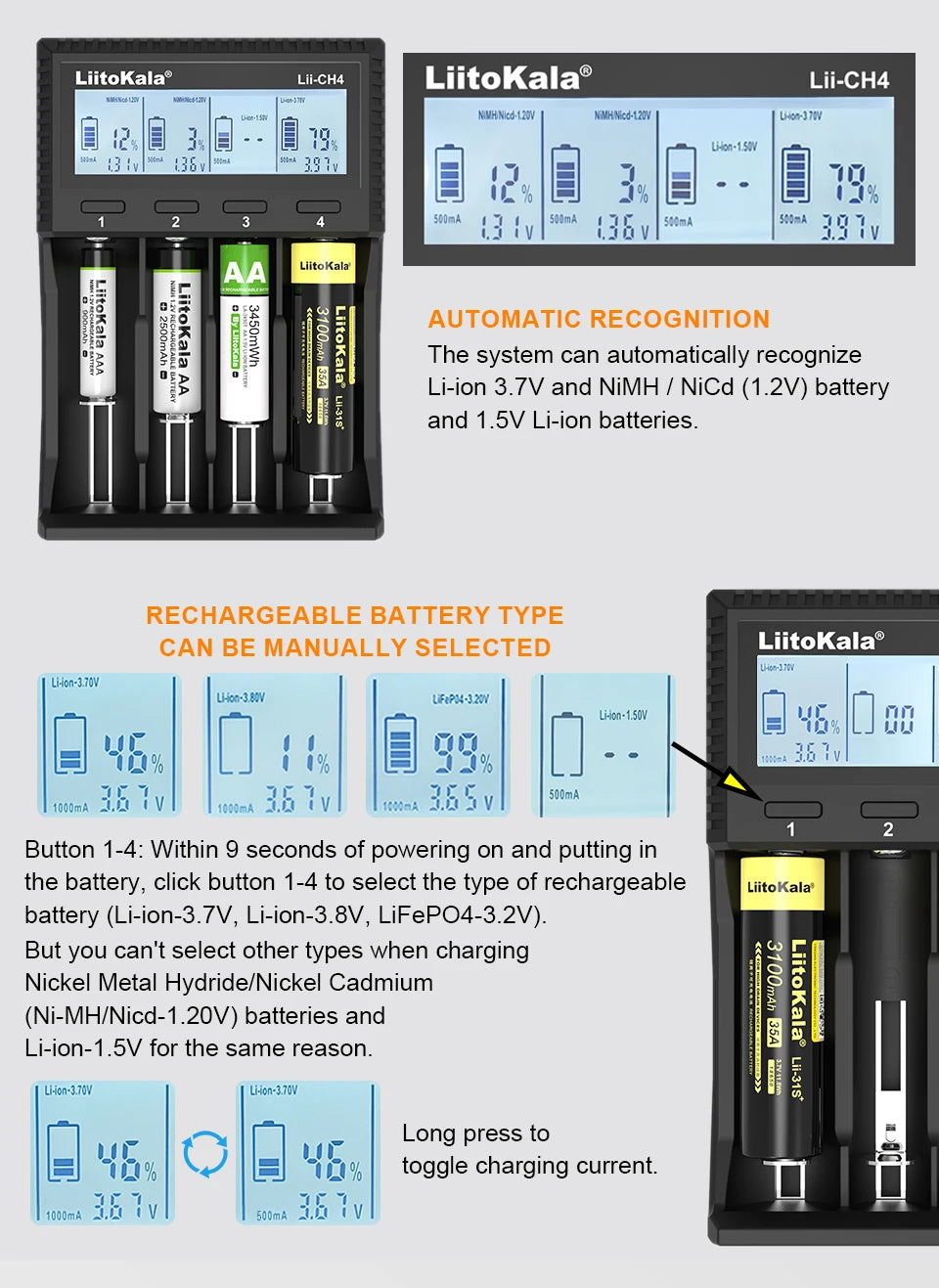 LiitoKala Lii-CH4 Smart Charger for 18650/21700/26650/AA/AAA/Ni-MH/Li-ion,1.2V/1.5V 4-Slot Fast Charge, USB-C, Auto Detect
