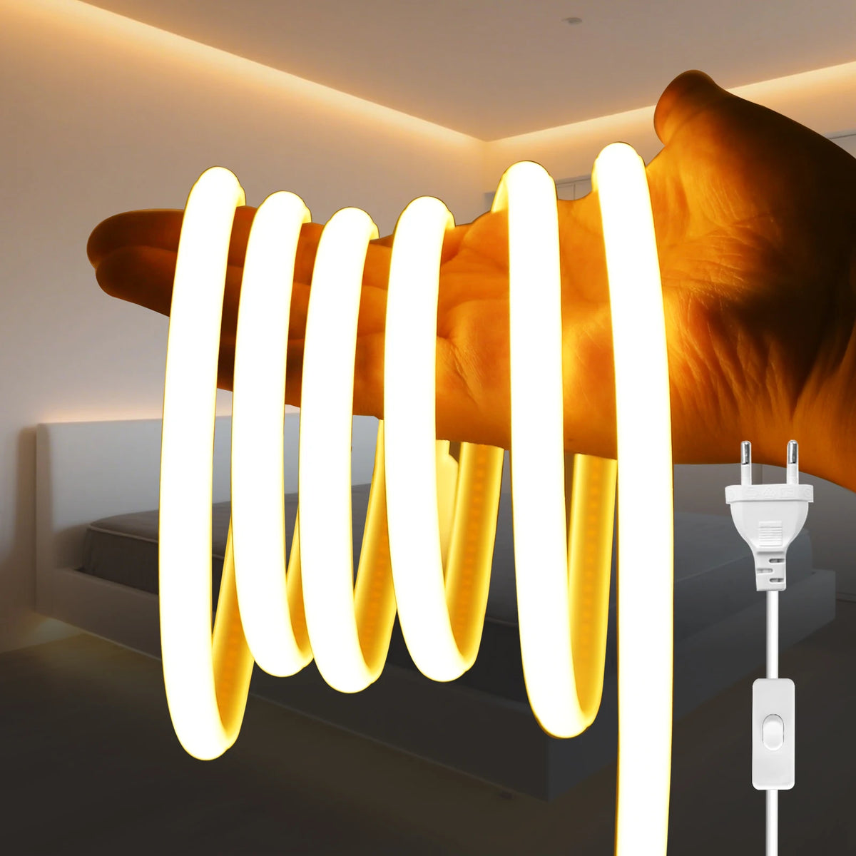 AC 220V COB Strip With ON/OFF Switch White 3000K 4000K 6000K IP65 Waterproof Home Decor Flexible Ribbon LED Neon Light 1M-35M