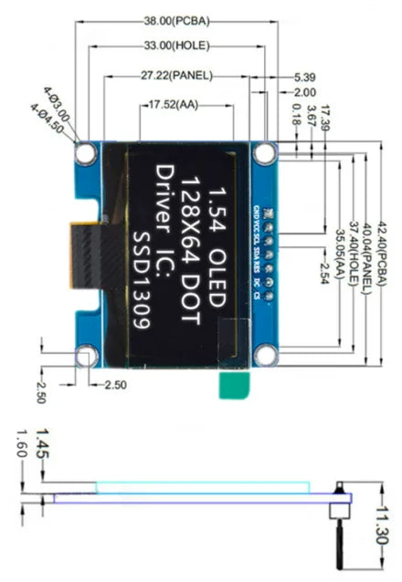 1.54" OLED Module 1.54 inch LCD Screen Display SSD1309 Drive 4PIN/7PIN 128*64 128x64 SPI/IIC I2C Full Perspective 3.3V-5V