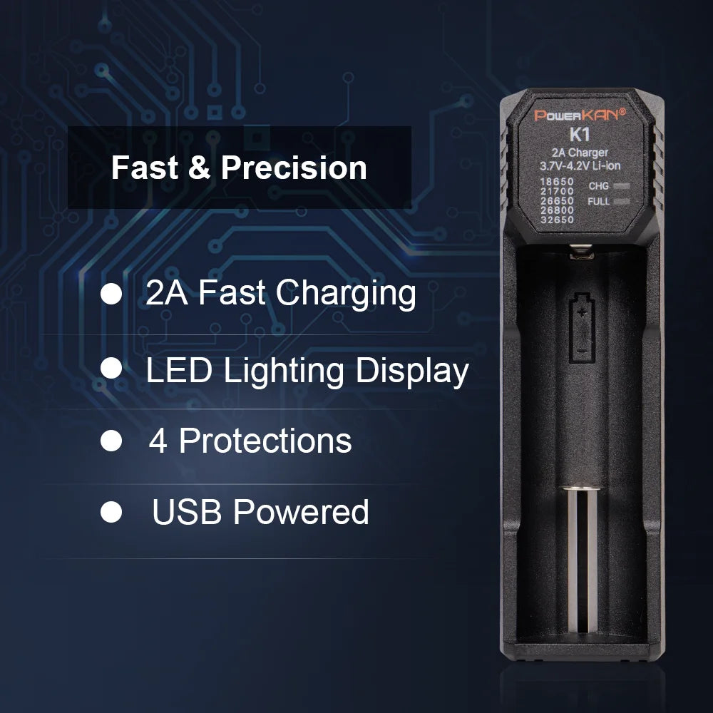 POWERKAN K1 1 Slot Smart Charger, Type-C Fast Charger for 18650 21700 26650 Li-ion Batteries