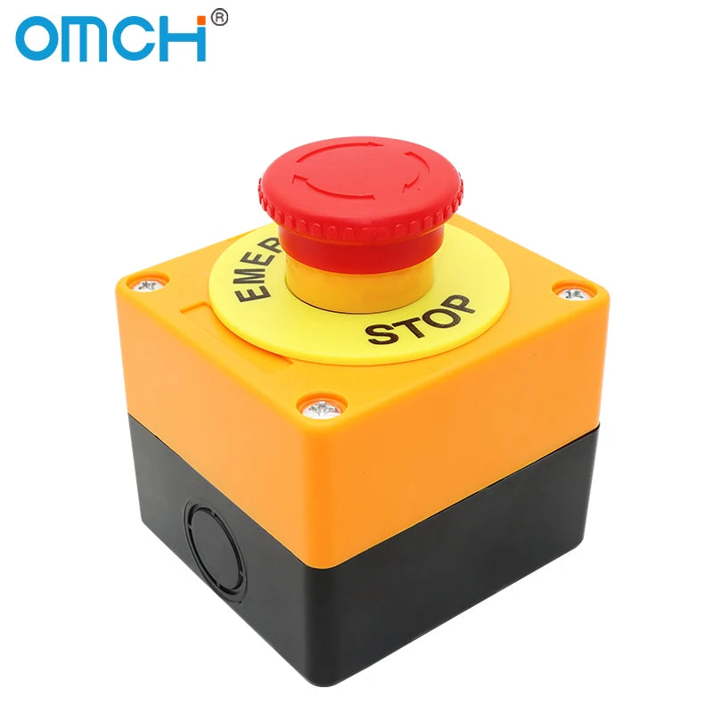 OMCH Self-Locking Button Switch with Box, Mushroom Head, Red Sign, NO + NC, AC660V, 10A, Emergency Stop