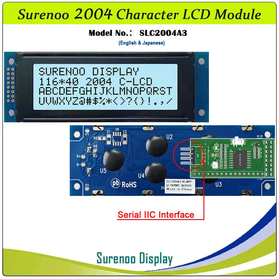Surenoo 116*40MM 2*8Pin 204 20X4 2004 6800 IIC I2C Character LCD Module Display Screen LCM White LED Backlight English Japanese