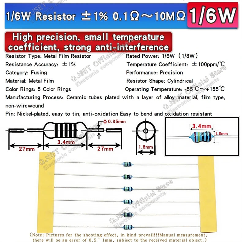 10pcs 3W Precision Metal Film Resistors 1% 3W 10 47 100 200 220 470 510 Ohm 1K 22K 4.7K 10K 47K 100k 200k 220k 510k 470k 1M Ohms