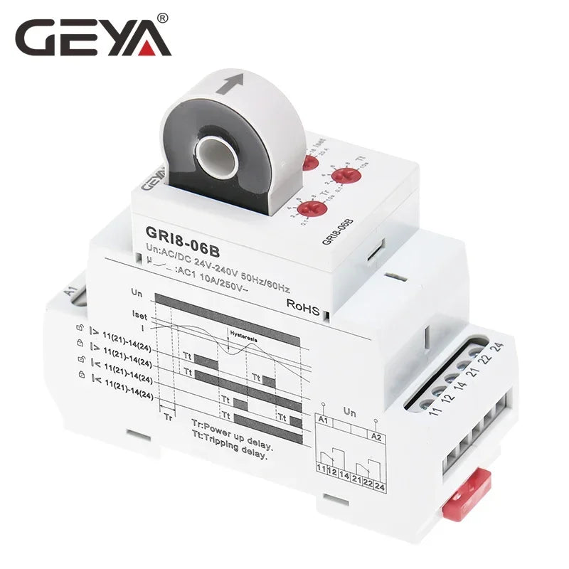 GEYA GRI8-06 AC DC Current Sensor Relay 2NO2NC 8A Current Monitoring Relay 24V-240V Wide Range Operating Voltage
