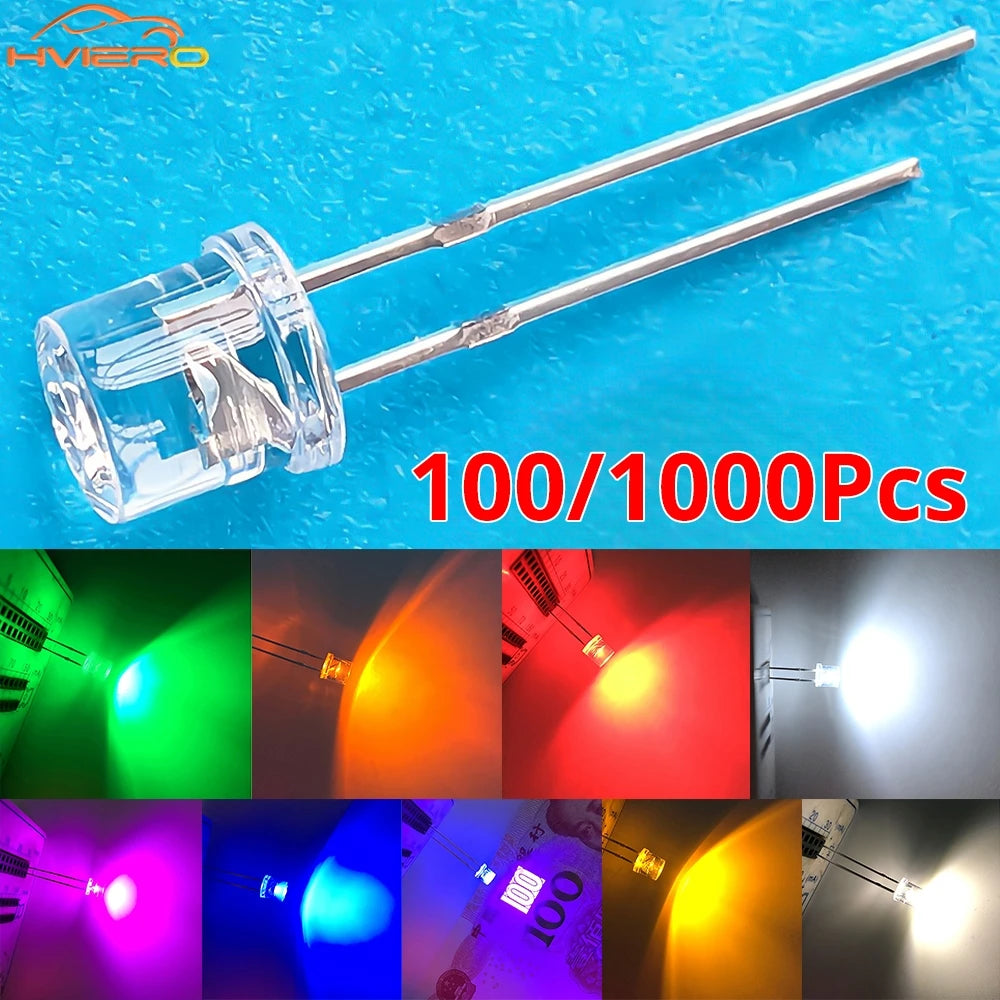 100/1000PCS 5mm Flat Top F5 Emitting Diode LED Wide Angle Ultra Super Bright Bulbs Light Lamp Diodes White Red Yellow Blue Green