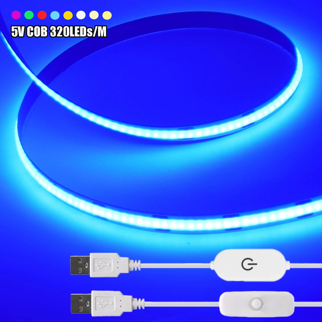 5V Flexible COB LED Strip Light 320LEDs/m White/Red/Blue/Green USB Power with Dimmer/Switch Adhesive Tape Cabinet Room Lighting